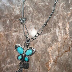 Unique Turquoise and Silver Butterfly Necklace-Rare!